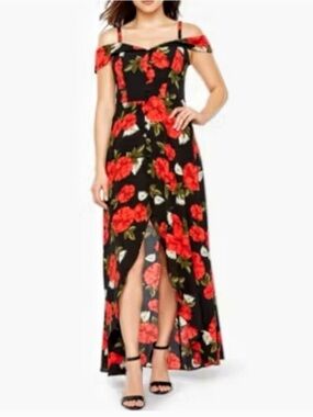 Off-Shoulder Black Floral High-Low Maxi Dress with Red Roses